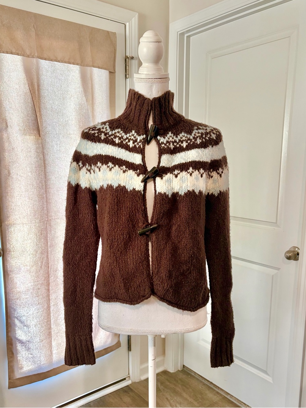 Vintage Brown Knit Turtleneck Sweater with Toggle Buttons Winter Cabin Grandma